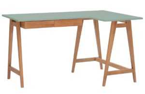 Zelený lakovaný rohový pracovní stůl RAGABA LUKA 135 x 85 cm s dubovou podnoží