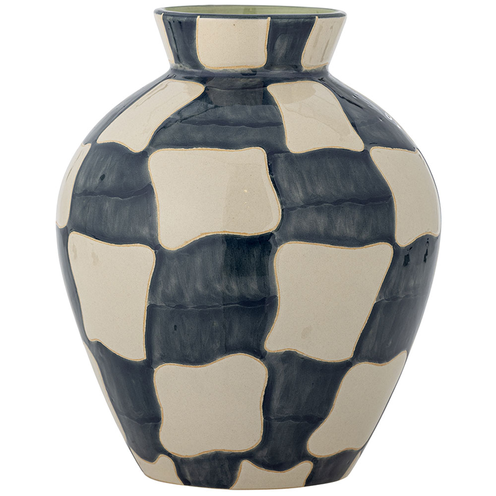 Bloomingville Modro-bílá kameninová váza Check 24 cm